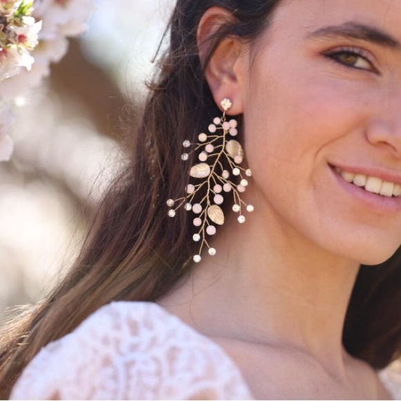 Hobo Wedding Earrings Leaf Bridal Earrings Champagne Gold - Picture 1 of 7